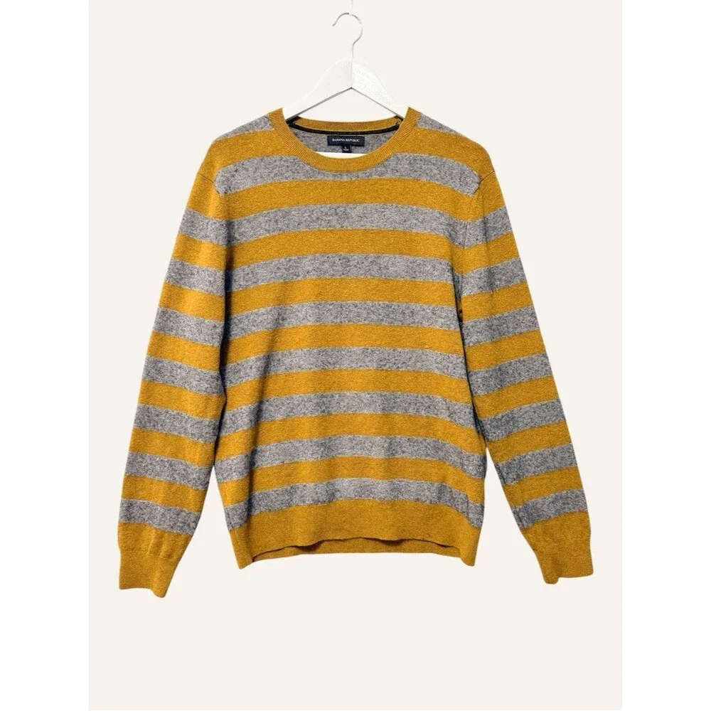 Banana Republic Mens Bold Stripe Pullover Sweater Size L Yellow Gray Merino Wool